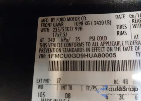 2017 Ford Escape Se z USA, uszkodzony, nr VIN 1FMCU0GD9HUA80005